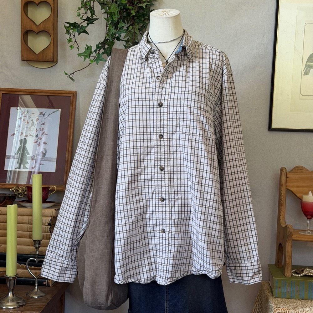 Brown Beige Plaid Cotton Button Up Shirt Granola Oversized L Indie Grunge